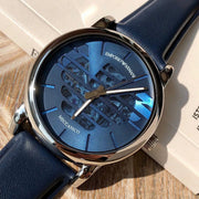 Emporio Armani Luigi Automatic Blue Dial Blue Leather Strap Watch For Men - AR60030