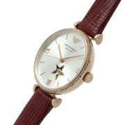 Emporio Armani Meccanico Automatic Silver Dial Red Leather Strap Watch For Women - AR60044