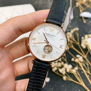 Emporio Armani Meccanico Gianni T Bar Mother of Pearl White Dial Black Leather Strap Watch For Women - AR60047