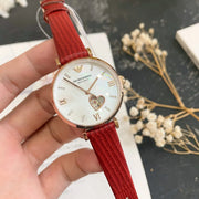 Emporio Armani Meccanico Gianni T-Bar Mother of Pearl White Dial Red Leather Strap Watch For Women - AR60048