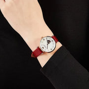 Emporio Armani Meccanico Gianni T-Bar Mother of Pearl White Dial Red Leather Strap Watch For Women - AR60048