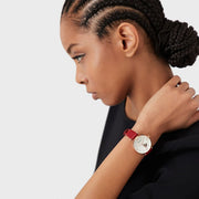 Emporio Armani Meccanico Gianni T-Bar Mother of Pearl White Dial Red Leather Strap Watch For Women - AR60048