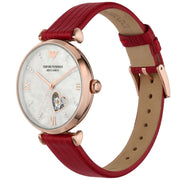 Emporio Armani Meccanico Gianni T-Bar Mother of Pearl White Dial Red Leather Strap Watch For Women - AR60048