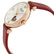 Emporio Armani Meccanico Gianni T-Bar Mother of Pearl White Dial Red Leather Strap Watch For Women - AR60048