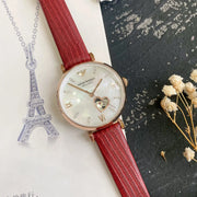 Emporio Armani Meccanico Gianni T-Bar Mother of Pearl White Dial Red Leather Strap Watch For Women - AR60048