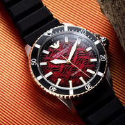Emporio Armani Sea Explorer Meccanico Automatic Red Dial Black Silicon Strap Watch For Men - AR60070