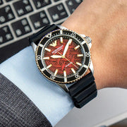 Emporio Armani Sea Explorer Meccanico Automatic Red Dial Black Silicon Strap Watch For Men - AR60070