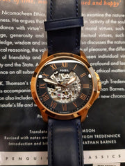 Fossil Grant Automatic Skeleton Blue Dial Blue Leather Strap Watch for Men - ME3102