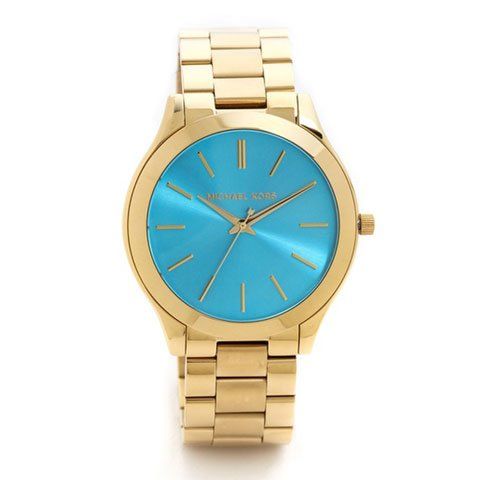 Michael Kors Slim Runway Blue Dial Gold Steel Strap Watch for Women