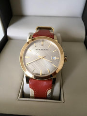 Burberry The City Gold Dial Orange Leather Strap Watch for Women - BU9017