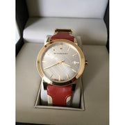 Burberry Heritage Nova Gold Dial Haymarket Red Leather Strap Watch for Women - BU9111