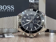 Hugo Boss Ocean Edition Chronograph Black Dial Silver Mesh Bracelet Watch for Men - 1513701