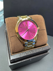 Michael Kors Slim Runway Pink Dial Rose Gold Steel Strap Watch for Women - MK3264