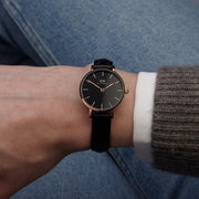 Daniel Wellington Classic Petite Sheffield Black Dial Black Leather Strap Watch For Women - DW00100224