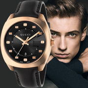 Gucci GG2570 Quartz Black Dial Black Leather Strap Watch For Men - YA142309