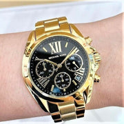 Michael Kors Bradshaw Chronograph Black Dial Gold Steel Strap Watch For Women - MK6959