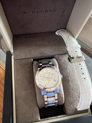 Burberry City Chronograph White Dial Silver Steel Strap Watch For Women - BU9700