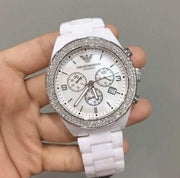Emporio Armani Ceramica Chronograph White Dial White Ceramic Strap Watch For Women - AR1456
