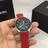 Hugo Boss Volane Chronograph Black Dial Red Rubber Strap Watch for Men - 1513959