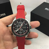 Hugo Boss Volane Chronograph Black Dial Red Rubber Strap Watch for Men - 1513959