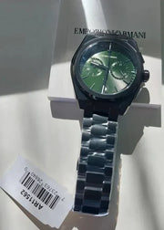 Emporio Armani Federico Chronograph Green Dial Black Steel Strap Watch For Men - AR11562