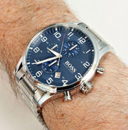 Hugo Boss Aeroliner Chronograph Blue Dial Silver Steel Strap Watch for Men - 1513183