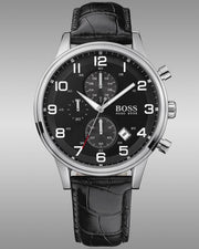 Hugo Boss Aeroliner Chronograph Black Dial Black Leather Strap Watch For Men - 1512448