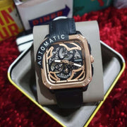 Fossil Inscription Automatic Skeleton Rose Gold Dial Black Leather Strap Watch for Men - BQ2572