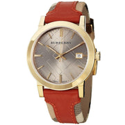 Burberry Heritage Nova Gold Dial Haymarket Red Leather Strap Watch for Women - BU9111