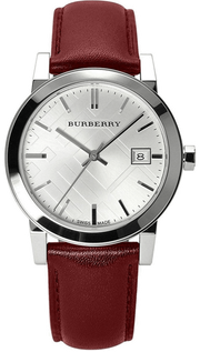 Burberry The City Silver Dial Red Leather Strap Watch for Women - BU9129