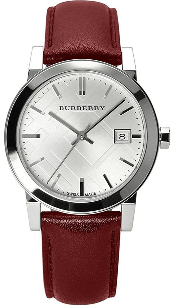 Burberry The City Silver Dial Red Leather Strap Watch for Women - BU9129