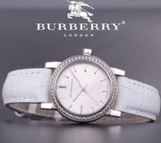Burberry The City Diamonds Silver Dial White Leather Strap Watch for Women - BU9221