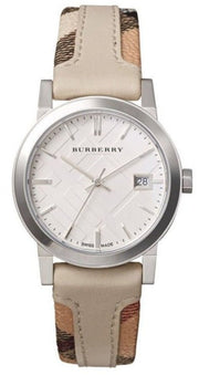 Burberry The City White Dial Beige Leather Strap Watch for Women - BU9132