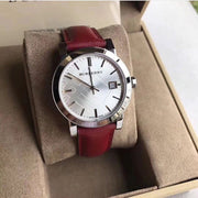 Burberry The City Silver Dial Red Leather Strap Watch for Women - BU9129