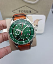 Fossil Dillinger Luggage Chronograph Green Dial Brown Leather Strap Watch for Men - FS5734