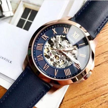 Fossil Grant Automatic Skeleton Blue Dial Blue Leather Strap Watch for