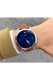 Fossil The Minimalist 3H Blue Dial Brown Leather Strap Watch for Men - FS5499