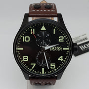 Hugo Boss Aeroliner Maxx Black Dial Brown Leather Strap Watch For Men - 1513079