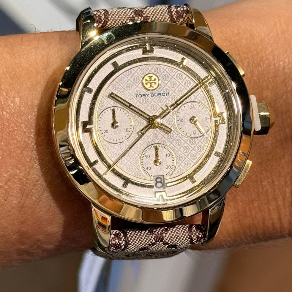 Tory Burch The Tory Chronograph White Dial Maroon Jacquard Strap