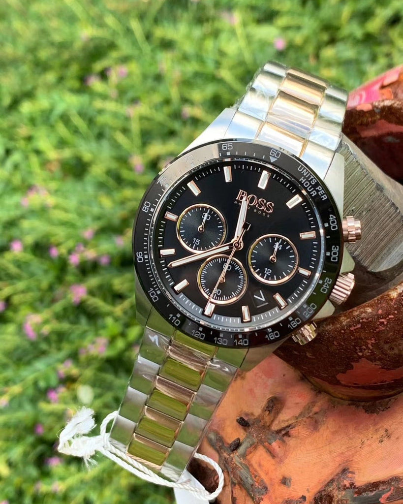 Hugo Boss Here Chronograph Black Dial Two Tone Steel Strap Watch
