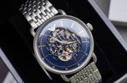 Emporio Armani Aviator Skeleton Blue Dial Silver Mesh Bracelet Watch For Men - AR60024