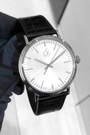 Calvin Klein Surround Silver Dial Black Leather Strap Watch for Men - K3W211C6