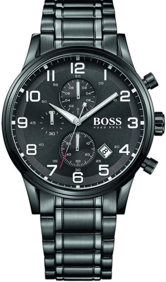 Hugo Boss Aeroliner Chronograph Black Dial Black Steel Strap Watch for Men - 1513180