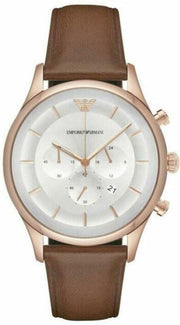 Emporio Armani Quartz Silver Dial Brown Leather Strap Watch For Men - AR11043