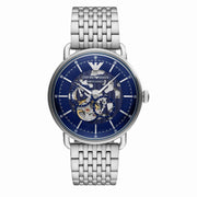 Emporio Armani Aviator Skeleton Blue Dial Silver Mesh Bracelet Watch For Men - AR60024