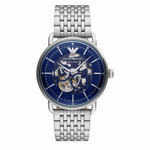 Emporio Armani Aviator Skeleton Blue Dial Silver Mesh Bracelet Watch For Men - AR60024