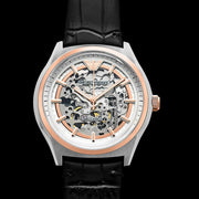 Emporio Armani Zeta Automatic Skeleton Silver Dial Black Leather Strap Watch For Men - AR60018