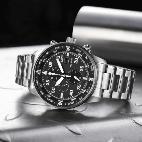 Citizen Eco Drive Chronograph Black Dial Silver Steel Strap Watch Citizen Eco Drive Chronograph Black Dial Silver Steel Strap Watch