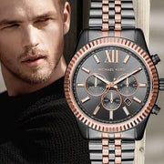 Michael Kors Lexington Chronograph Black Dial Two Tone Steel Strap Watch for Men - MK8561