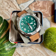 Fossil Dillinger Luggage Chronograph Green Dial Brown Leather Strap Watch for Men - FS5734
